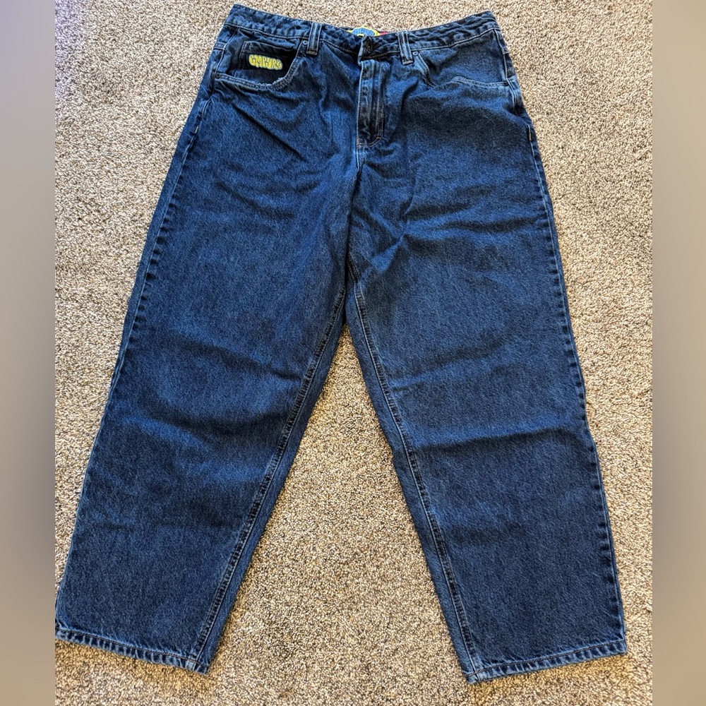 GVRTRD Jeans Mens 34x29 Blue Wide Leg Baggy Denim Embroidered Pockets Streetwear
